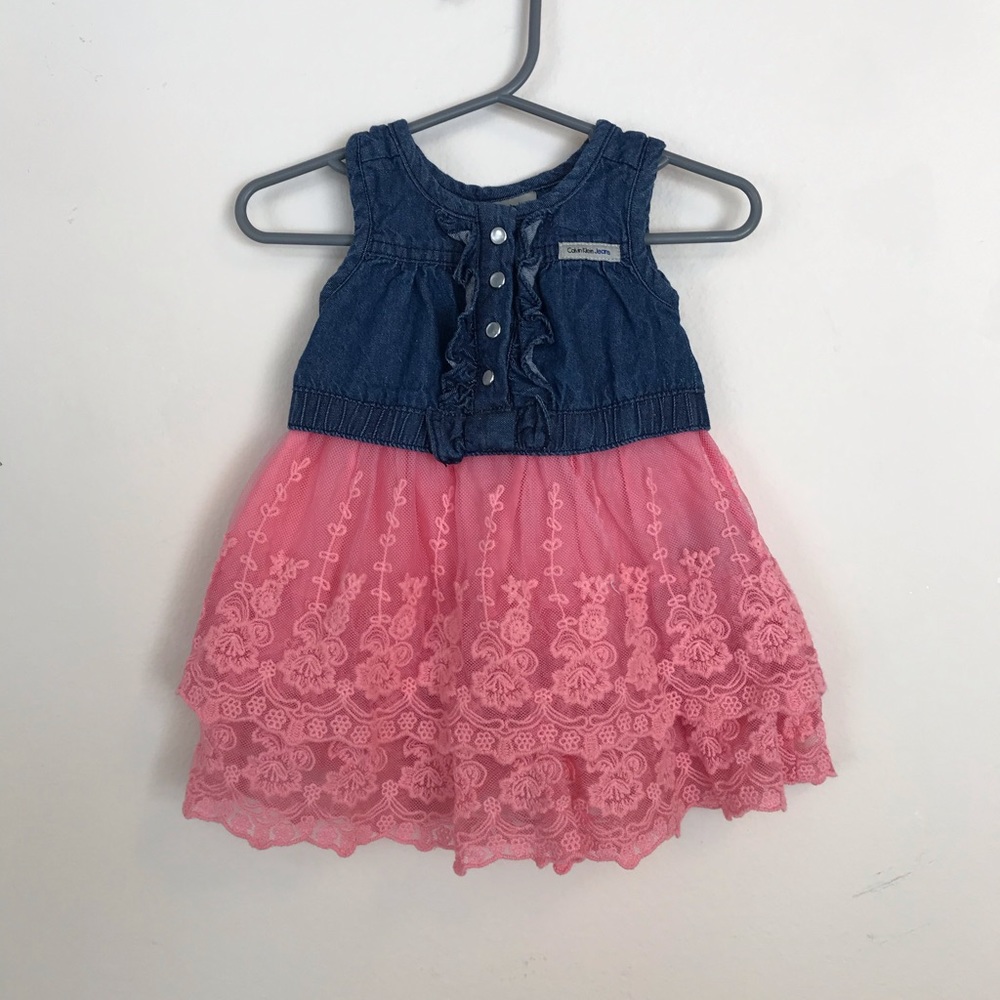 EUC Calvin Klein Denim and Lace Dress